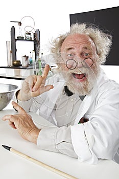 Eccentric scientist in lab excited about ideas