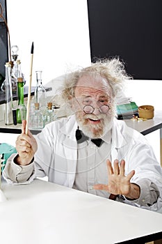 Eccentric scientist in lab explaining idea