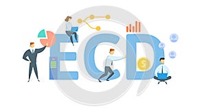 ECD, Estimated Completion Date. Concept with keywords, people and icons. Flat vector illustration. Isolated on white.