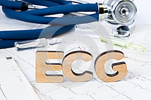 ECG Acronym or abbreviation to medical dignostics of electrocardiogram - cardiac test that measures electrical impulses in heart.
