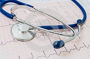 ECG / EKG chart and stethoscope. Emergency concept