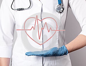 ECG. Heart with heartbeat rhythm over doctor hand. Electrocardiogram test conducting, cardiac diseases detection concept