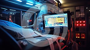 an ECG monitor in an ambulance, with paramedics attending to a patient on the way to the hospital, highlighting the