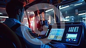 an ECG monitor in an ambulance, with paramedics attending to a patient on the way to the hospital, highlighting the