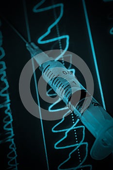 ECG monitor and syringe the medical concept