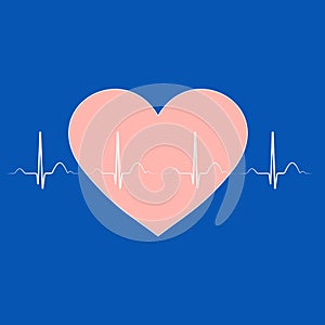ECG. Pink heart beat in a zigzag line on a blue background.