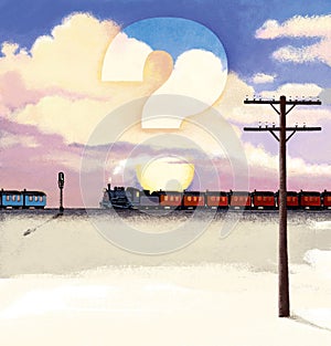 Echelon of two retro steam locomotives with wagons in the background of a sunset in the clouds. Question mark. The second echelon