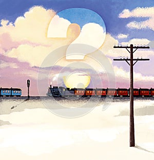 Echelon of two retro steam locomotives with wagons in the background of a sunset in the clouds. Question mark. The second echelon