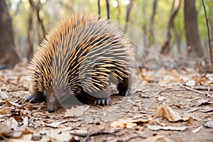 an echidna foraging in the soil for insects