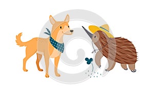 Echidna in Yellow Hat and Dingo Dog with Neckcloth as Australian Animal Vector Set