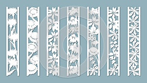 Echinacea, chamomile, schefler, noble hepatica, zephyrantes, stokesia. Panels with floral pattern. Flowers and leaves. Laser cut.