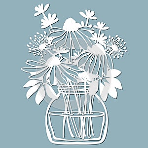 Echinacea, dandelions with Scheffler in a jar of water. Vector illustration. Paper flower, stickers. Laser cut. Template for