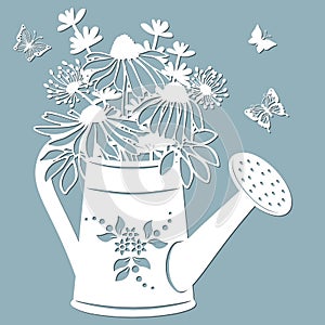 Echinacea, dandelions with Scheffler in a jar of water. watering can. Vector illustration. Paper flower, stickers. Laser cut.