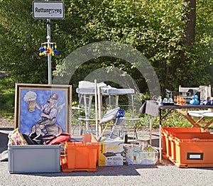 Eching, Germany - merchandise on display at spring flea market