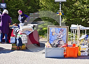 Eching, Germany - merchandise on display at spring flea market