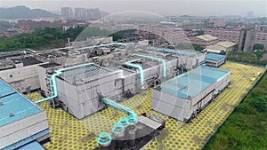 Echnological factory aerial view. Visualization of a modern plant. The concept of a modern factory. Modern factory from