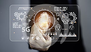 echnology fingerprint systems cyber security. Futuristic digital processing of biometric identification fingerprint scanner.