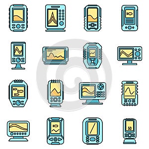 Echo sounder icons set vector color line