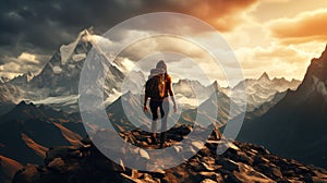 Echoes of Achievement. Silhouette of a explorer trekker on the top of amazing mountain. Generative AI