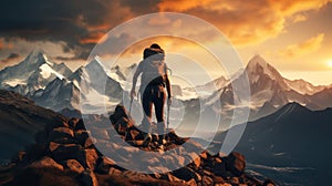 Echoes of Achievement. Silhouette of a explorer trekker on the top of amazing mountain. Generative AI