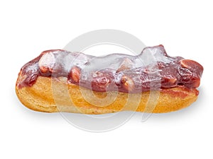 Isolated eclair with custard and chocolate icing on white background