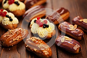 Eclairs on wooden table close-up