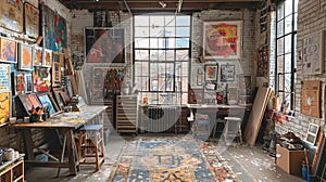 Eclectic artists studio with vibrant artwork and a variety of materials