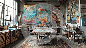 Eclectic artists studio with vibrant artwork and a variety of materials