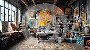 Eclectic artists studio with vibrant artwork and a variety of materials