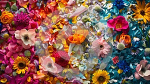 In the eclectic backdrop of vibrant paper and blossoming flowers, a kaleidoscope of colors and fragrances unfolds, AI generated