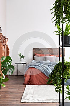 Eclectic bedroom with white walls, wooden bed, coral linen bedsheets and plants