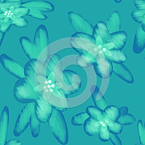 Eclectic blue flowers seamless pattern on Tiffany blue background