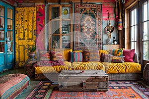 Eclectic bohemian living room interior