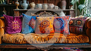 eclectic boho living room, an assortment of eclectic boho cushions on a velvet sofa for a laid-back, free-spirited photo