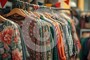 Eclectic collection of vintage-style clothing with vibrant textures on hangers against a brick wall backdrop