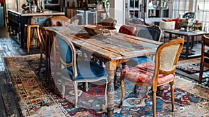 eclectic dining set, mismatched chairs encircling a unique table exemplify eclectic decor, each piece bringing its own photo