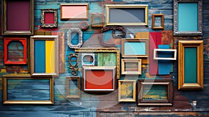 eclectic empty frames on wall