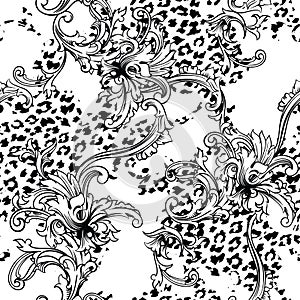 Eclectic fabric seamless pattern. Animal background with baroque ornament. photo