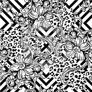 Eclectic fabric seamless pattern. Animal and geometric background with baroque ornament