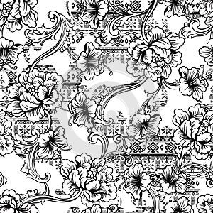 Eclectic fabric seamless pattern. Ethnic background with baroque ornament. photo