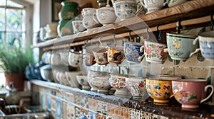 eclectic kitchen decor, antique teacups hung on hooks create a charming, cottagecore vibe in the kitchen photo