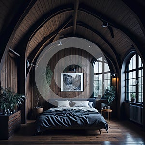 Eclectic Modern Interior of Bedroom Design With High Arched Ceiling, Generative AI