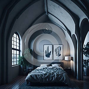 Eclectic Modern Interior of Bedroom Design With High Arched Ceiling, Generative AI