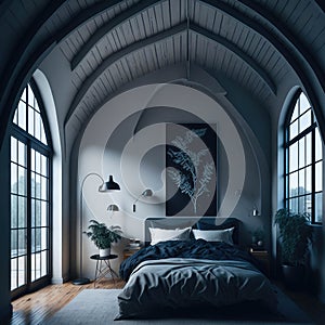 Eclectic Modern Interior of Bedroom Design With High Arched Ceiling, Generative AI