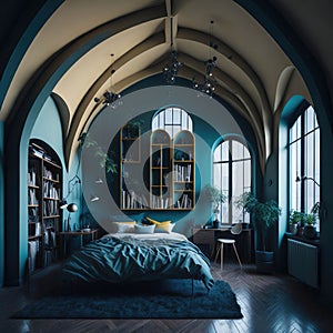 Eclectic Modern Interior of Bedroom Design With High Arched Ceiling, Generative AI