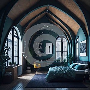 Eclectic Modern Interior of Bedroom Design With High Arched Ceiling, Generative AI