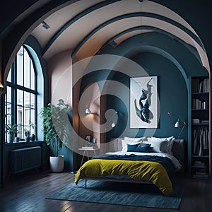 Eclectic Modern Interior of Bedroom Design With High Arched Ceiling, Generative AI