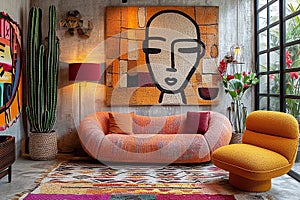 An eclectic vibrant boho living room with texture and colors.