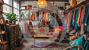 Eclectic Vintage Clothing Store Interior with Colorful Assortment