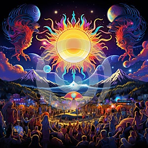 Eclipse Elation - Festival Scene Celebrating a Cosmic Alignment